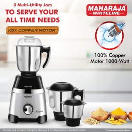 Maharaja Whiteline Duramaxx Mixer Grinder, Majestik Collection, 1000W, 100% Copper Motor, Double ball bearing motor, 3 Jars (Black & Silver)