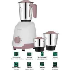 BajajMilitary Series Duetto Watts 500 Mixer Grinder (3 Jars, White & Lilac Colour)