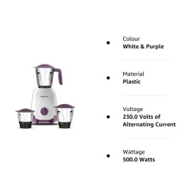 Bajaj Elegance Ninja Series Purple 500 Mixer Grinder (3 Jars, White & Purple)