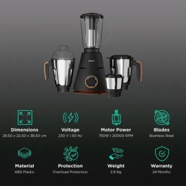 Bajaj Ninja Virtue 750 Watt 4 Jars Mixer Grinder (20000 RPM, Overload Protection, Black)