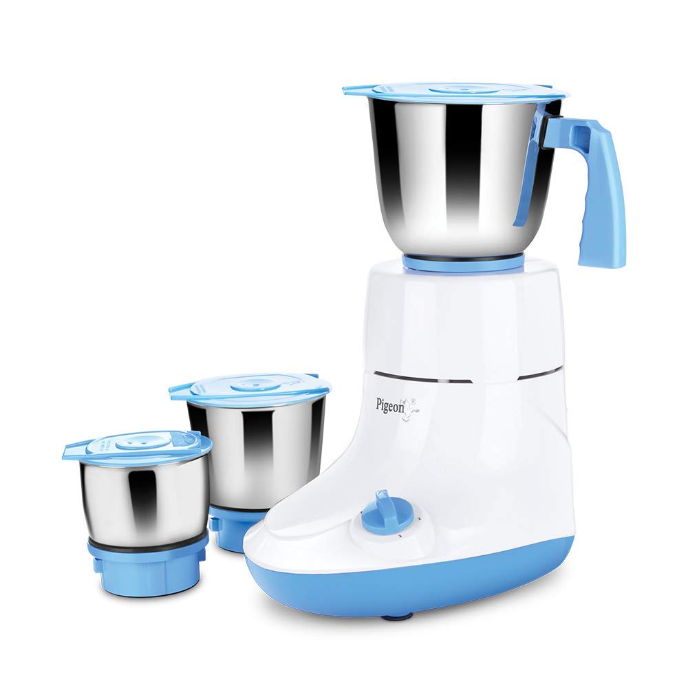 Pigeon Glory 550 Watt Mixer Grinder with 3 Stainless Steel Jars for Dry Grinding, Wet Grinding and Making Chutney, White & Blue