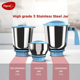 Pigeon Glory 550 Watt Mixer Grinder with 3 Stainless Steel Jars for Dry Grinding, Wet Grinding and Making Chutney, White & Blue
