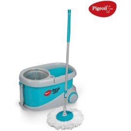 Pigeon Spin Mop-LX with Big Wheels and PVC Wringer Mop Set for Wet and Dry Floor/Wall (Aqua Green, 2 Refills)