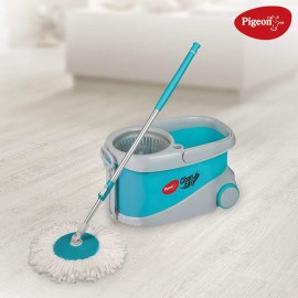 Pigeon Spin Mop-LX with Big Wheels and PVC Wringer Mop Set for Wet and Dry Floor/Wall (Aqua Green, 2 Refills)