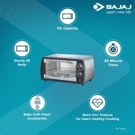 Bajaj 1000Tss Oven Toaster Grill (10 liter Otg),Baking Accessories With Extra Pizza Tray,Stainless Steel Body With Transparent Glass Door,2 Year Warranty,Black&Silver,800 Watts