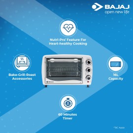 Bajaj 1603T Oven Toaster Grill (Otg) With Baking & Grilling Accessories, Oven For Kitchen With Transparent Glass Door, 2 Year Warranty, White, 1200 Watts, 16 liter