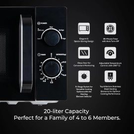 Pigeon 20L Nano Wave Solo Microwave Oven | 700 Watts | 5 power levels (Re-Heat, Pop, Cook, Steam, Defrost - SKSMWO20L) Black