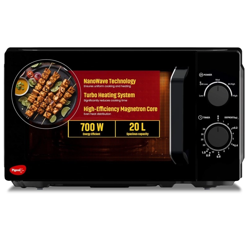 Pigeon 20L Nano Wave Solo Microwave Oven | 700 Watts | 5 power levels (Re-Heat, Pop, Cook, Steam, Defrost - SKSMWO20L) Black