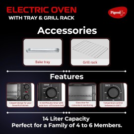 Pigeon Oven Toaster Grill 14 Liters OTG 900 Watts Toast, Grill, Bake & Roast Heat Resistant Tempered Glass, Black