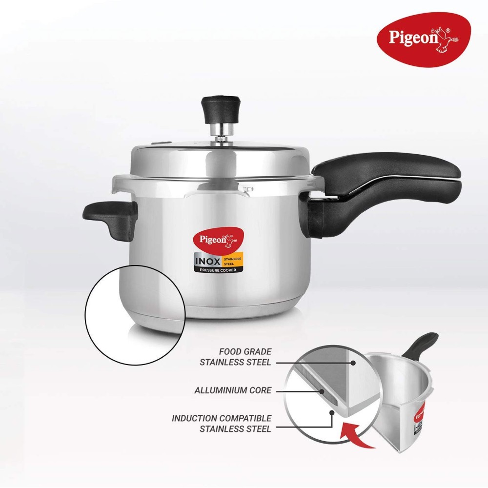 Pigeon Inox Stainless Steel 5 Litre, Induction Base Pressure Cooker, Outer Lid,Silver