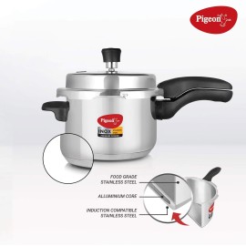 Pigeon Inox Stainless Steel 5 Litre, Induction Base Pressure Cooker, Outer Lid,Silver