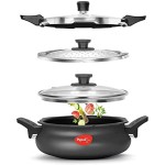 Pigeon All in One Super Cooker Aluminium with Outer Lid Induction and Gas Stove Compatible 3 Litre Capacity for Healthy Cooking,Black