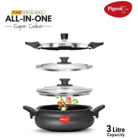 Pigeon All in One Super Cooker Aluminium with Outer Lid Induction and Gas Stove Compatible 3 Litre Capacity for Healthy Cooking,Black