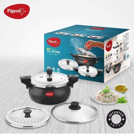 Pigeon All in One Super Cooker Aluminium with Outer Lid Induction and Gas Stove Compatible 3 Litre Capacity for Healthy Cooking,Black