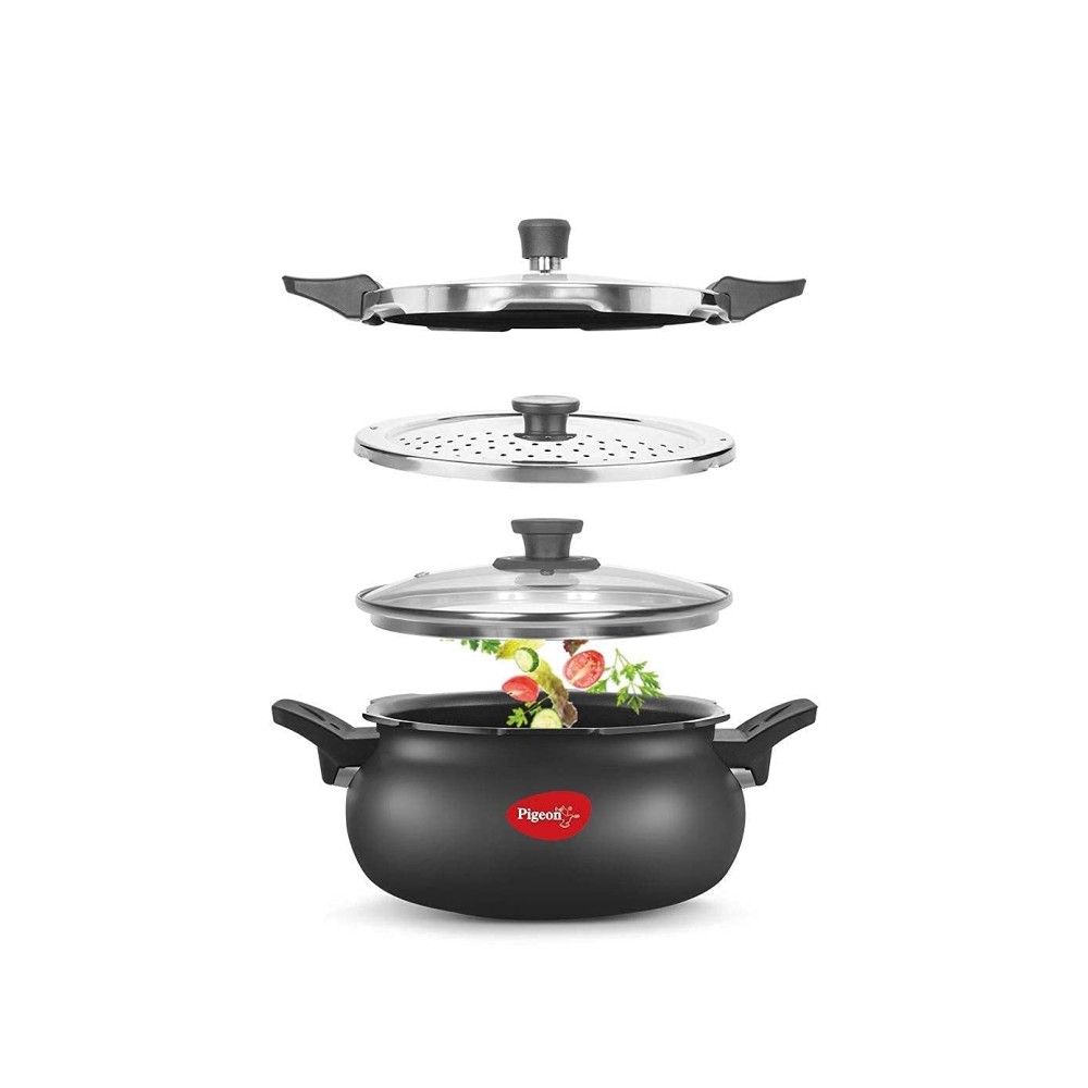 Pigeon All in One Super Cooker Aluminium with Outer Lid Induction and Gas Stove Compatible 5 Litre Capacity for Healthy Cooking,Black