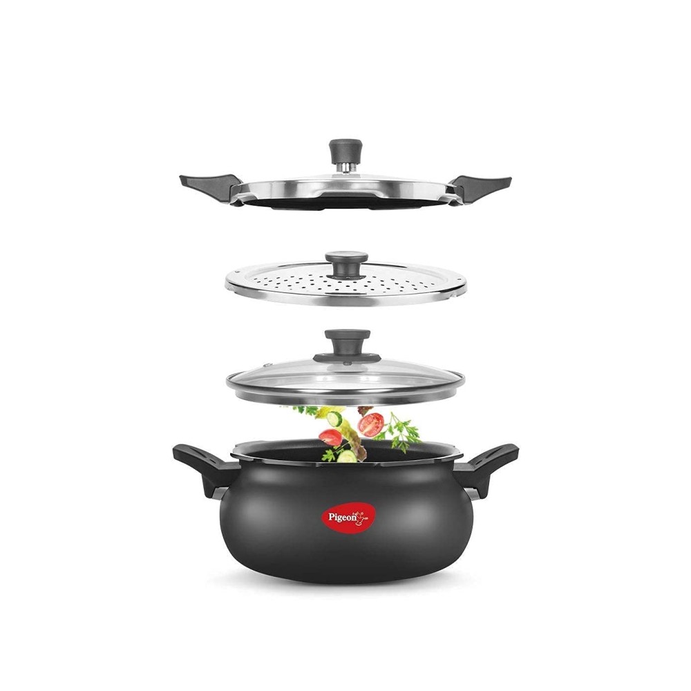 Pigeon All in One Super Cooker Aluminium with Outer Lid Induction and Gas Stove Compatible 5 Litre Capacity for Healthy Cooking,Black