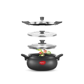 Pigeon All in One Super Cooker Aluminium with Outer Lid Induction and Gas Stove Compatible 5 Litre Capacity for Healthy Cooking,Black