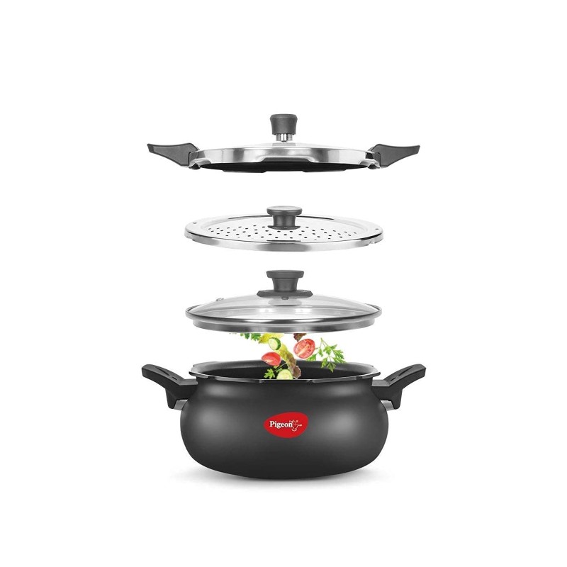 Pigeon All in One Super Cooker Aluminium with Outer Lid Induction and Gas Stove Compatible 5 Litre Capacity for Healthy Cooking,Black