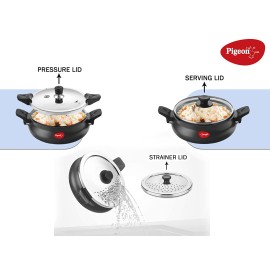 Pigeon All in One Super Cooker Aluminium with Outer Lid Induction and Gas Stove Compatible 5 Litre Capacity for Healthy Cooking,Black