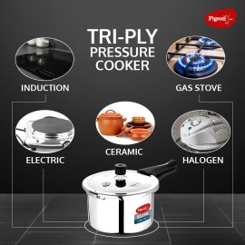 Pigeon Elite Shine 2 Litre Tri-Ply Body Outer Lid Pressure Cooker Induction and Gas Stove Compatible (Stainless Steel, Silver)