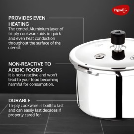 Pigeon Elite Shine 2 Litre Tri-Ply Body Outer Lid Pressure Cooker Induction and Gas Stove Compatible (Stainless Steel, Silver)