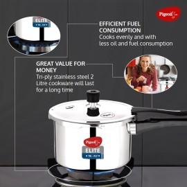 Pigeon Elite Shine 2 Litre Tri-Ply Body Outer Lid Pressure Cooker Induction and Gas Stove Compatible (Stainless Steel, Silver)