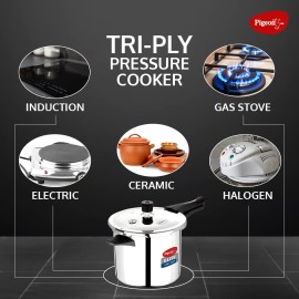 Pigeon Elite Shine 3 Litre Tri-Ply Body Outer Lid Pressure Cooker Induction and Gas Stove Compatible (Stainless Steel, Silver)