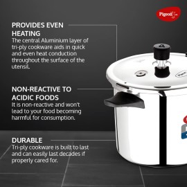 Pigeon Elite Shine 3 Litre Tri-Ply Body Outer Lid Pressure Cooker Induction and Gas Stove Compatible (Stainless Steel, Silver)