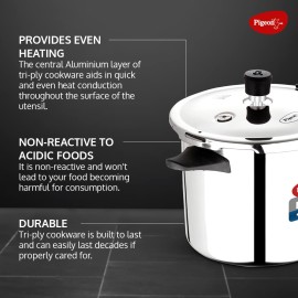 Pigeon Elite Shine 5 Litre Tri-Ply Body Outer Lid Pressure Cooker Induction and Gas Stove Compatible (Stainless Steel, Silver)