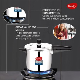 Pigeon Elite Shine 5 Litre Tri-Ply Body Outer Lid Pressure Cooker Induction and Gas Stove Compatible (Stainless Steel, Silver)