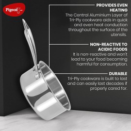 Pigeon Elite Stainless Steel Triply Sauce Pan 16 cm, Gas Stove and Induction Compatible - Silver