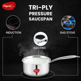 Pigeon Elite Stainless Steel Triply Sauce Pan 16 cm, Gas Stove and Induction Compatible - Silver