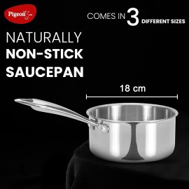 Pigeon Elite Stainless Steel Triply Sauce Pan 18 cm, Gas Stove and Induction Compatible - Silver