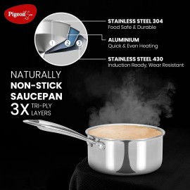 Pigeon Elite Stainless Steel Triply Sauce Pan 18 cm, Gas Stove and Induction Compatible - Silver