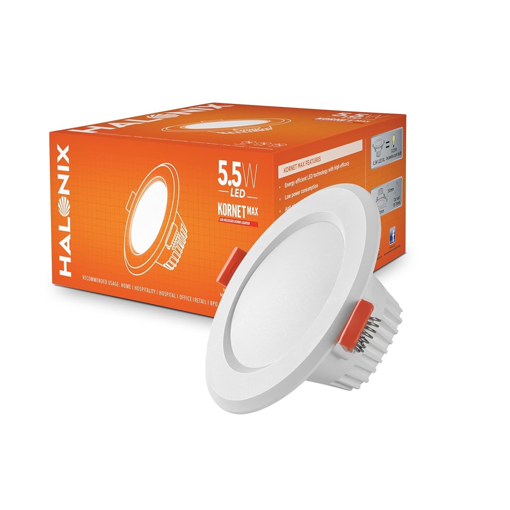 Halonix Kornet 5.5-Watt Concealed downlighter Junction Box Downlighter Cut Out- 3 inch Surge Protection - Upto 4 KV (Pack of 1, White), Polycarbonate