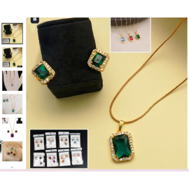 Stone Pendant Necklace Chain Set with Earrings (1Set / Mix Color & Design)