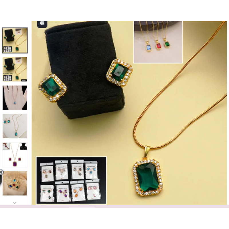 Stone Pendant Necklace Chain Set with Earrings (1Set / Mix Color & Design)