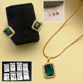 Stone Pendant Necklace Chain Set with Earrings (1Set / Mix Color & Design)