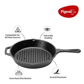 Pigeon Long Lasting Cast Iron Grill Pan, 250mm Non-Stick, - Black