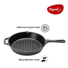 Pigeon Long Lasting Cast Iron Grill Pan, 250mm Non-Stick, - Black