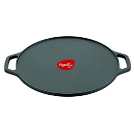 Pigeon Long Lasting Cast Iron Flat Tawa, Non-Stick, Heat Distribution and Retains Heat for Long That Compatible with All Heating Source - Black