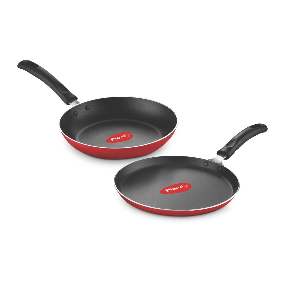 Pigeon Aluminium Non Stick Tawa 250-Fry Pan 240 Gift Set (Red) - Duo Pack