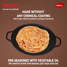 Pigeon Pre-Seasoned Cast Iron Tawa 30 cm Pre-Seasoned with 100% Vegetable Oil Naturally Nonstick High Pressure Casting, Double Side Handles