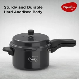 Pigeon Aluminium Titanium Pressure Cooker Hard Anodised with Outer Lid Induction and Gas Stove Compatible 3 Litre Capacity for Healthy Cooking (Black)