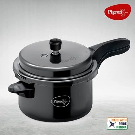 Pigeon Aluminium Titanium Pressure Cooker Hard Anodised with Outer Lid Induction and Gas Stove Compatible 3 Litre Capacity for Healthy Cooking (Black)