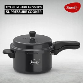 Pigeon Aluminium Titanium Pressure Cooker Hard Anodised with Outer Lid Induction and Gas Stove Compatible 5 Litre Capacity for Healthy Cooking (Black)