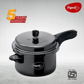 Pigeon Aluminium Titanium Pressure Cooker Hard Anodised with Outer Lid Induction and Gas Stove Compatible 5 Litre Capacity for Healthy Cooking (Black)