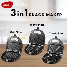 Pigeon 3 in 1 Snack Maker with Detachable Plates for Toast/Waffle/Grill, 750 Watt, Black