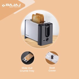 Bajaj ATX 3 750-Watt Pop-up Toaster, 2-Slice Automatic Pop up Toaster, Dust Cover - Slide Out Crumb Tray, 6-Level Browning Controls, Black and Silver