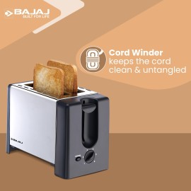 Bajaj ATX 3 750-Watt Pop-up Toaster, 2-Slice Automatic Pop up Toaster, Dust Cover - Slide Out Crumb Tray, 6-Level Browning Controls, Black and Silver